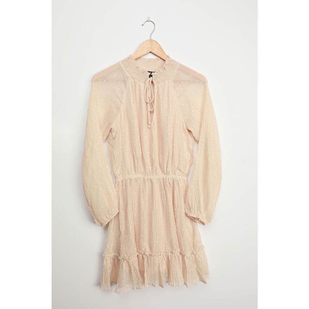 NWT lulu’s No Ordinary Love Cream Flowy Dot Long Sleeve Mini Dress Size Large - Picture 5 of 11